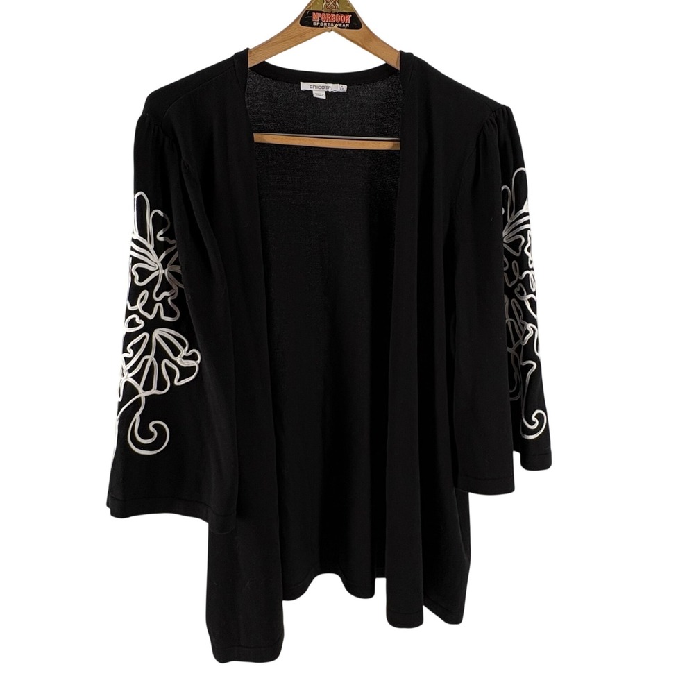 Chicos Black Open Front Cardigan White Floral Embroidered Bell Sleeve Size 4 XXL